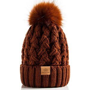 Women’s Brown Winter Ribbed Beanie Hat Chunky Cable Knit Pompom Warm